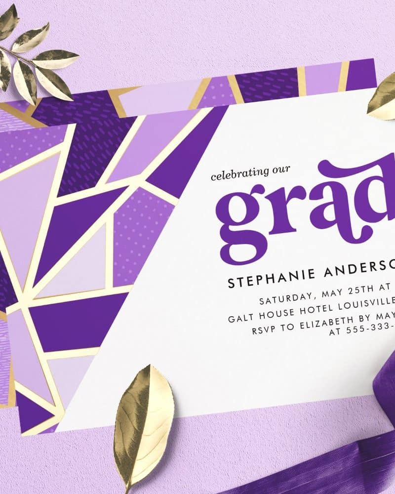 Graduation invitation for Stephanie Anderson with purple and gold geometric design.