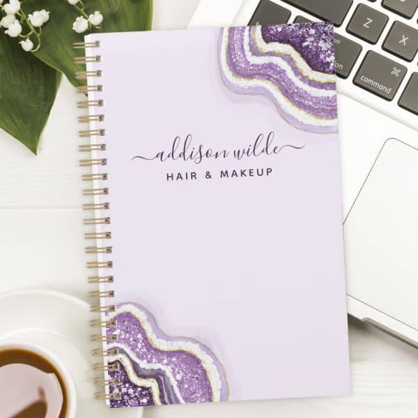 Lavender Spiral Notebook With Gold And Purple Agate Design And Addison Wilde Hair &Amp; Makeup Text.