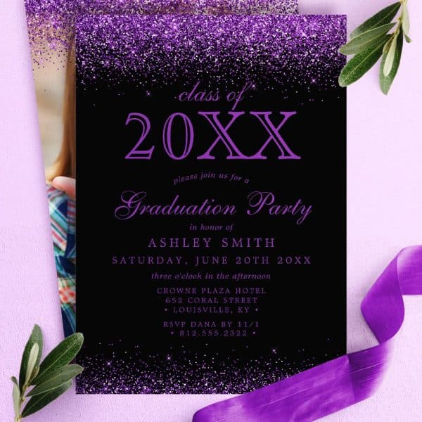 Purple Glitter Graduation Invitation For Ashley Smith'S Party.