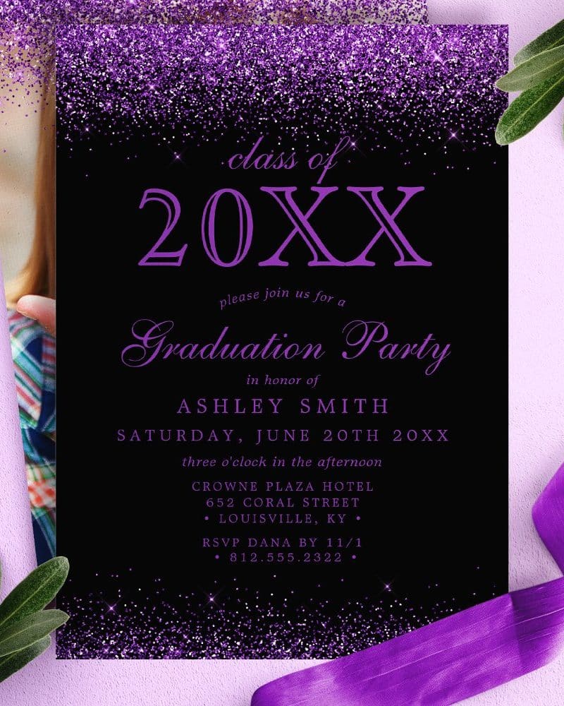 Purple glitter graduation invitation for Ashley Smith's party.