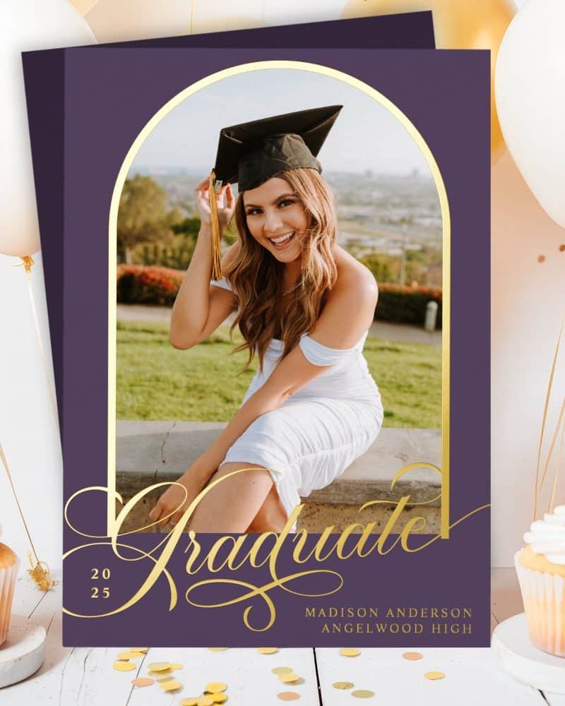 Graduation announcement featuring a photo of Madison Anderson, Angelwood High graduate, in cap and gown.