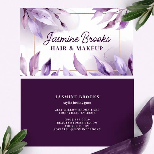 Business Card For Jasmine Brooks, Hair And Makeup Stylist, Featuring Watercolor Purple Leaves.