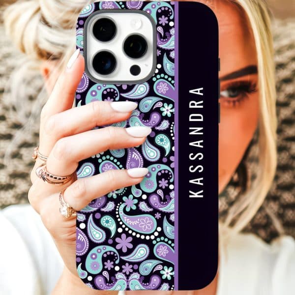 Phone Case With A Paisley Pattern In Purple And Teal, And The Name Kassandra On The Side.