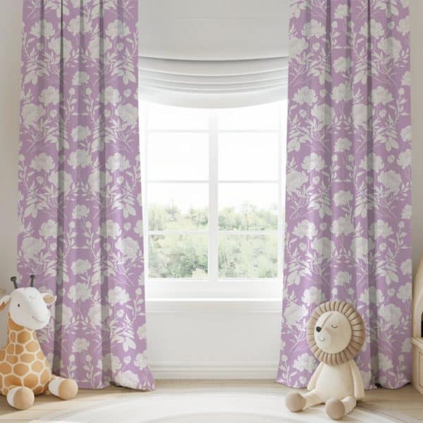 Lavender Curtains With A White Floral Pattern Hang On A Window.