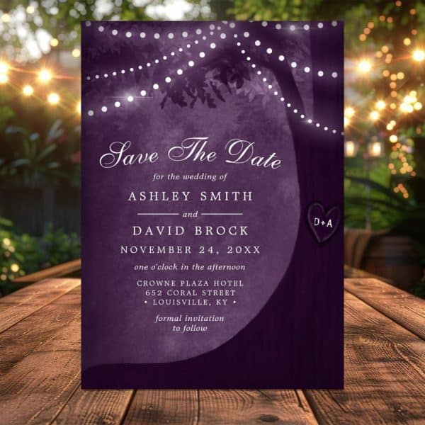 Purple Save-The-Date Card With A Tree Silhouette, String Lights, And Wedding Details For Ashley Smith And David Brock.