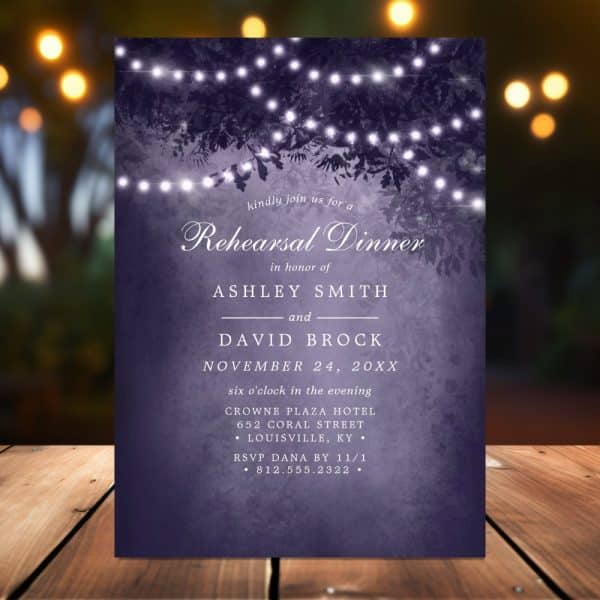 Purple Rehearsal Dinner Invitation With String Lights And Tree Branches.