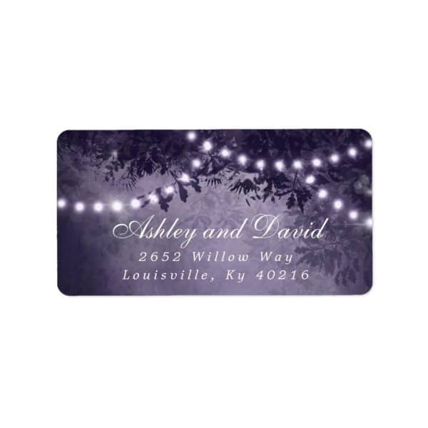 Purple Return Address Label With String Lights And Leaves, Showing Ashley And David'S Address.