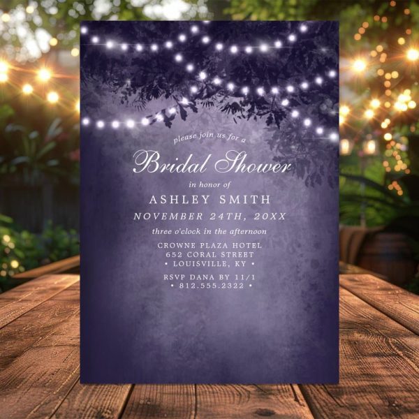 Purple Bridal Shower Invitation With String Lights And Leaves.