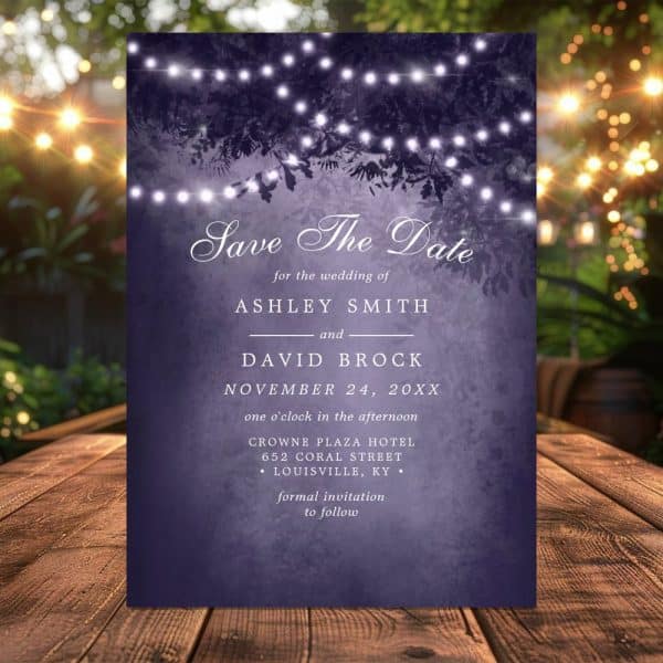 Purple Save The Date Card With String Lights And Foliage, Announcing Ashley Smith And David Brock'S Wedding On November 24.