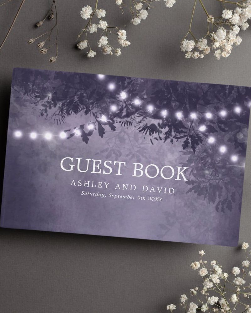 Purple Rustic Tree String Lights Wedding Guest Book