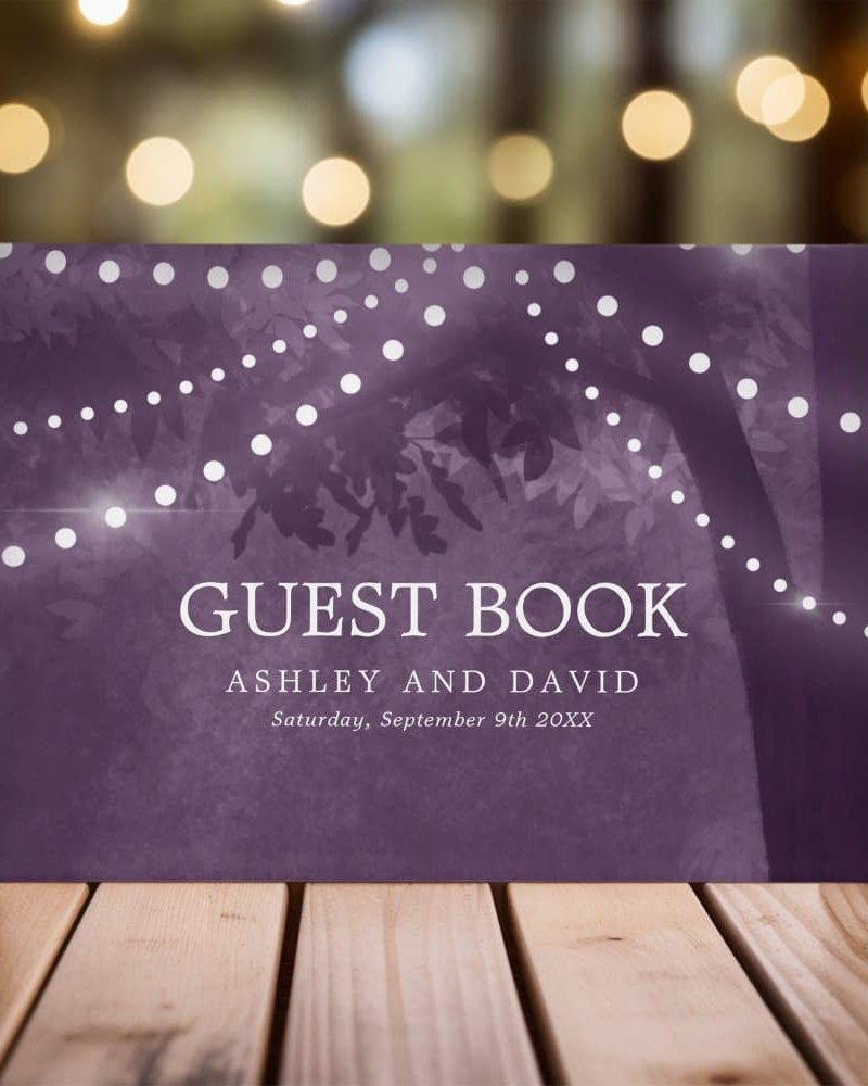 Purple Rustic Tree String Of Lights Wedding Guest Book