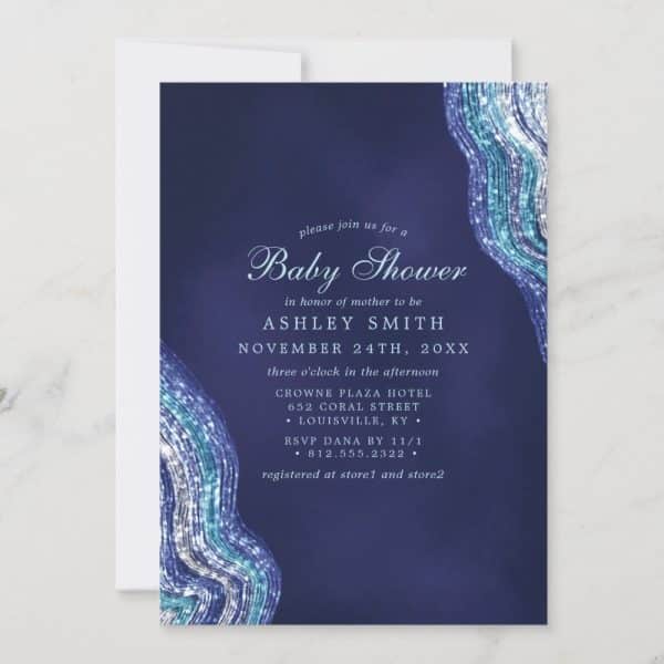 Baby Shower Invitation For Ashley Smith, Featuring A Dark Blue Background With Teal And Silver Abstract Design.