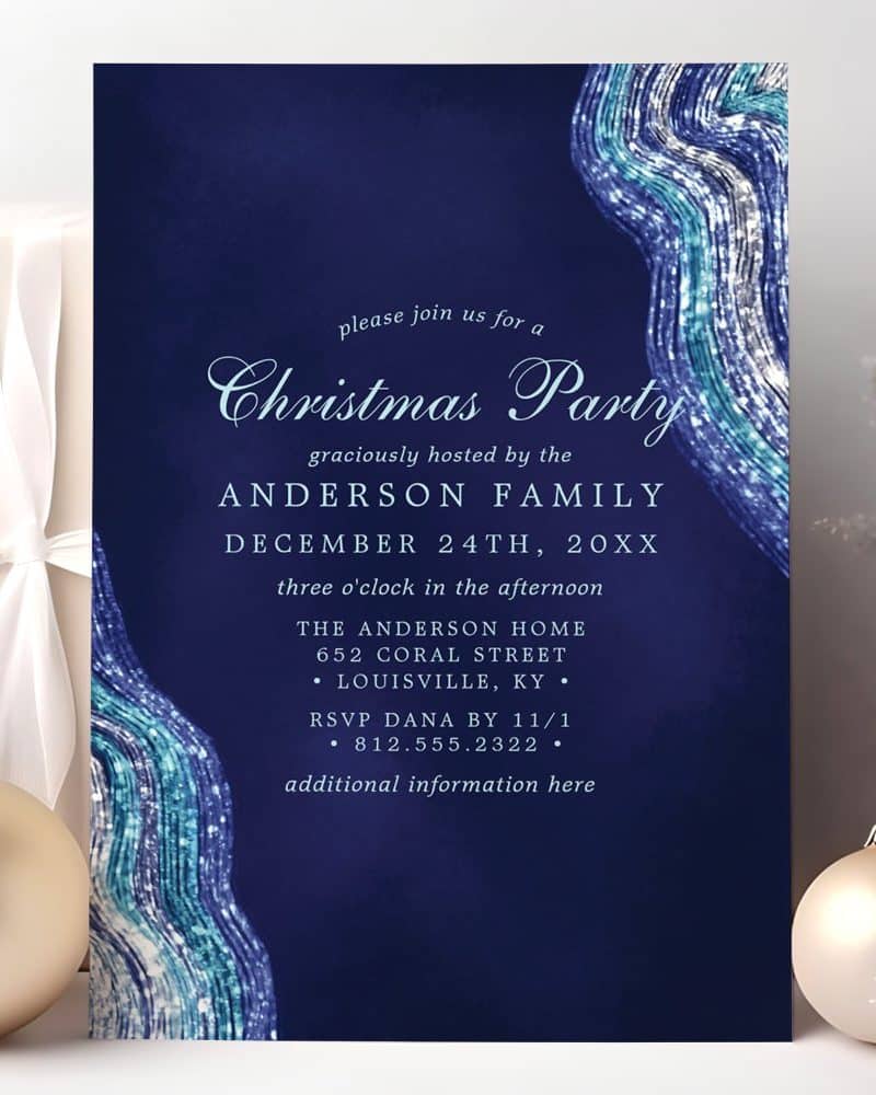 Navy blue Christmas party invitation with teal and silver abstract design. The invitation includes the date, time, location, and RSVP information.