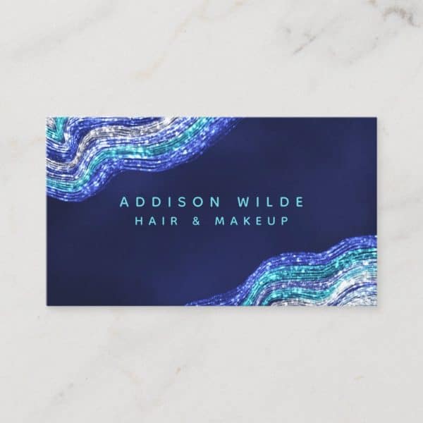Business Card With Blue And Silver Glitter Waves And Addison Wilde Hair &Amp; Makeup Text.