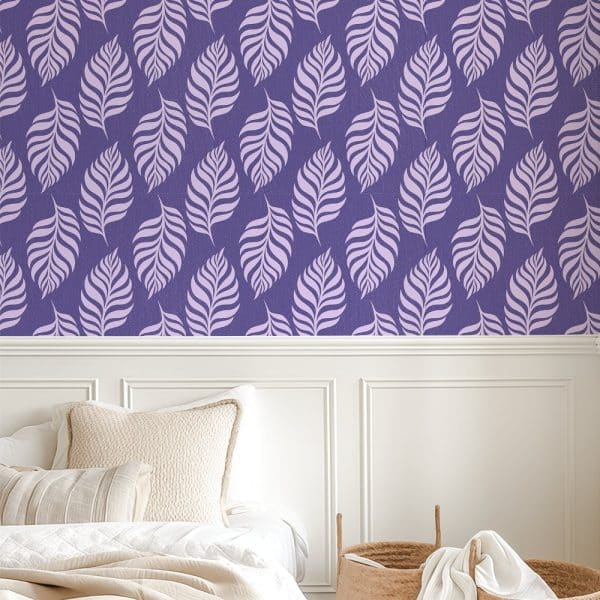 Purple Wallpaper With A Repeating Pattern Of Light Purple Stylized Leaves.