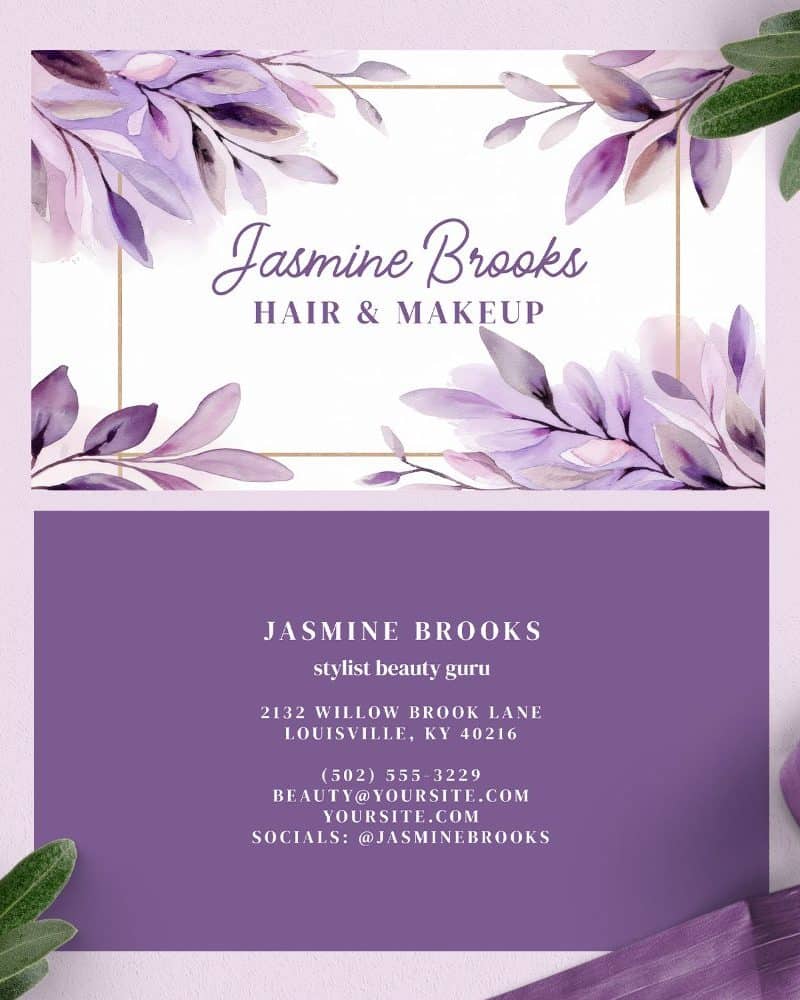 A business card for Jasmine Brooks, hair and makeup stylist, featuring watercolor purple flowers.