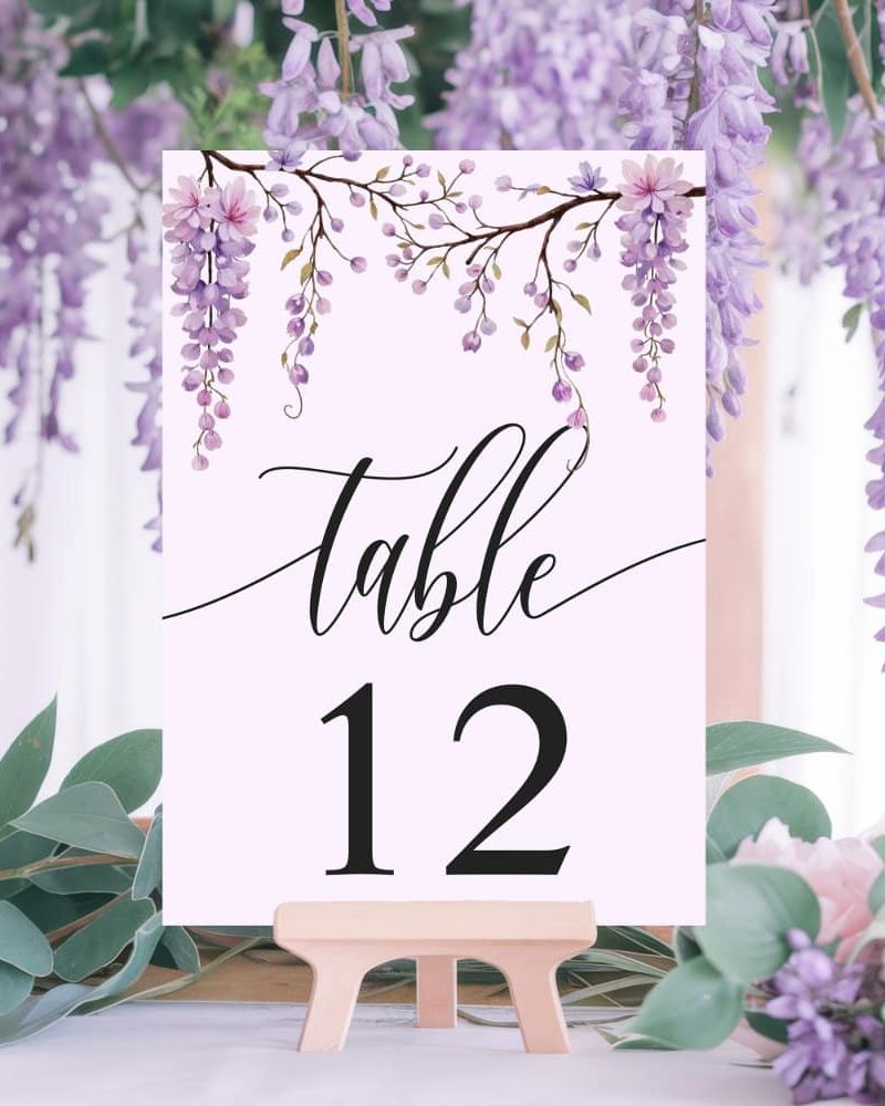 Purple Wisteria Branch Watercolor Wedding Table Number