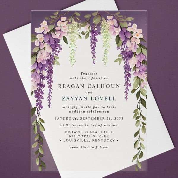 Wedding Invitation With Purple Wisteria Floral Border.