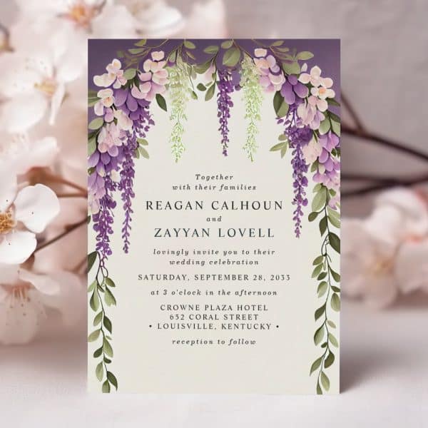 Wedding Invitation With Purple Wisteria Floral Border.