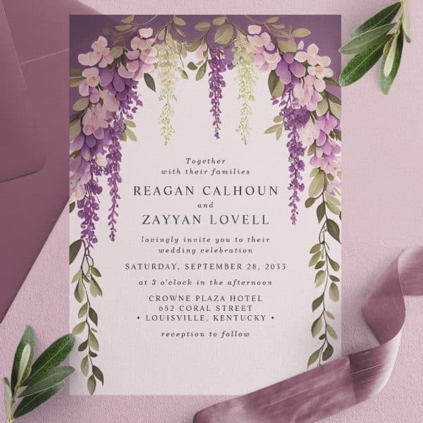 Wedding Invitation With Purple Wisteria Floral Illustration.