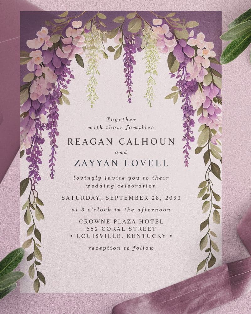 Wedding invitation with purple wisteria floral illustration.