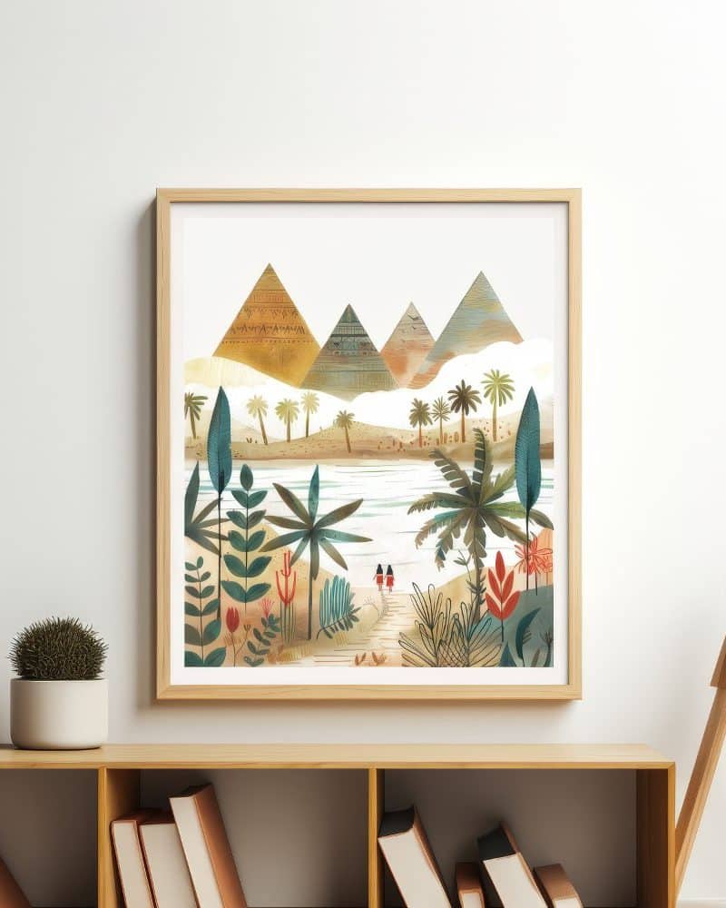 Framed illustration of two figures walking toward pyramids in a lush landscape.