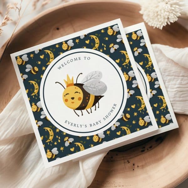 Baby Shower Invitation Featuring A Cartoon Bee Wearing A Crown. The Invitation Has A Dark Background With A Repeating Pattern Of Bees, Moons, And Stars.