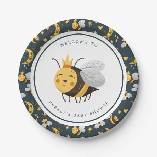 Baby Shower Paper Plate Featuring A Cartoon Bee Wearing A Crown.