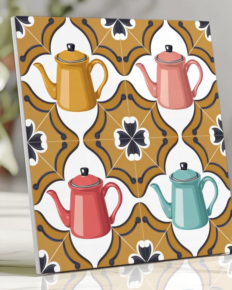 Tile featuring four colorful coffee pots in a repeating pattern.
