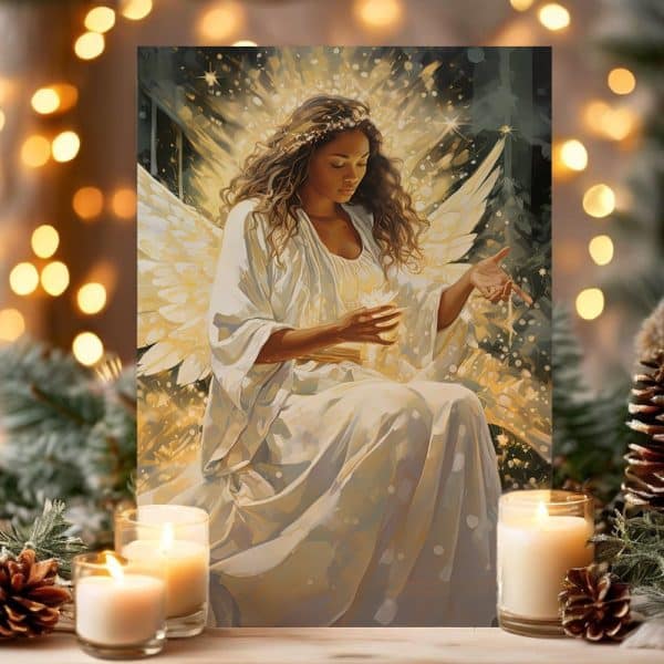 A Black Angel With Large White Wings Sits Holding A Glowing Orb.