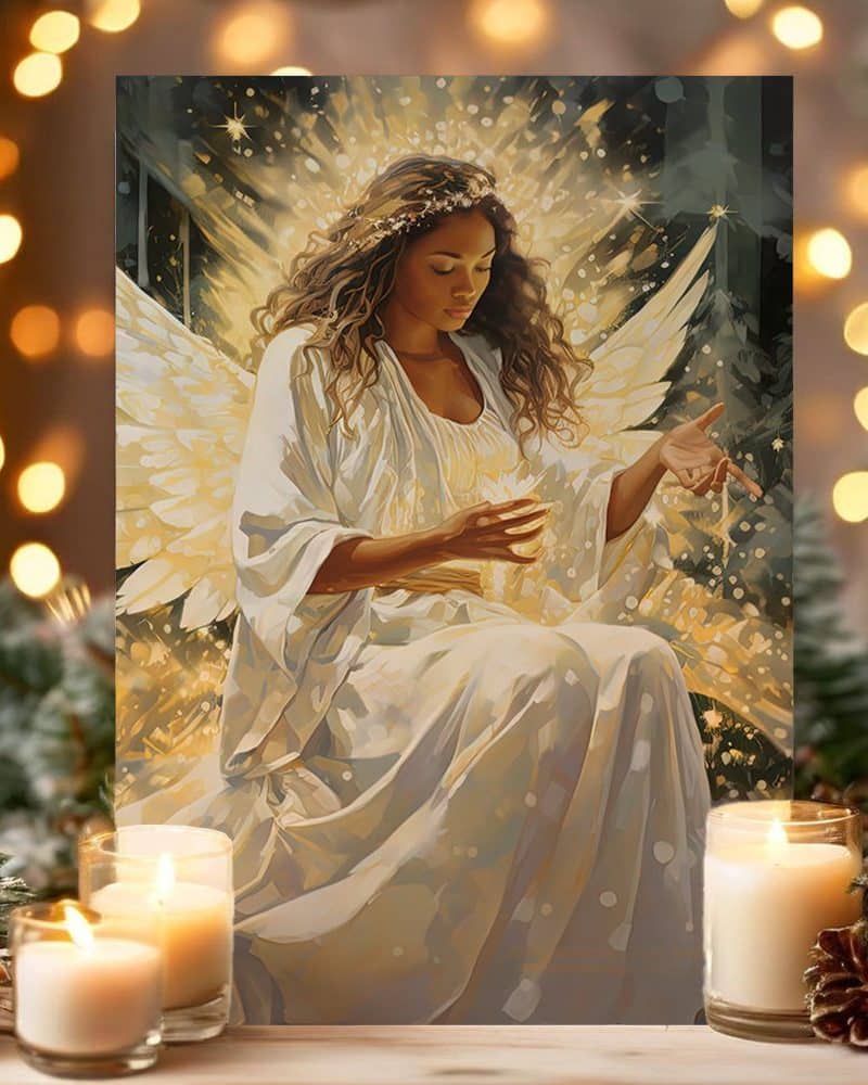 A Black angel with large white wings sits holding a glowing orb.
