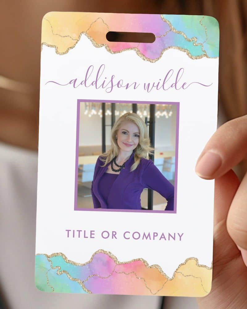 ID card with a pastel watercolor design, featuring a photo of Addison Wilde.