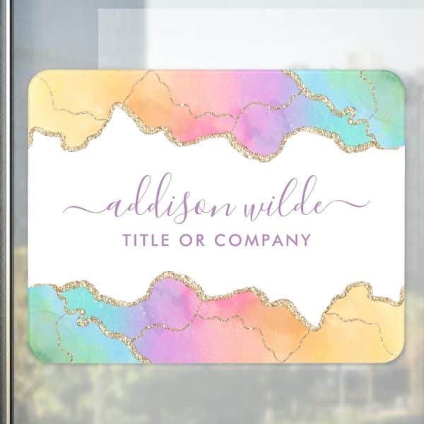 Pastel Rainbow Agate Design With Gold Glitter Accents And Addison Wilde'S Name And Title Or Company.