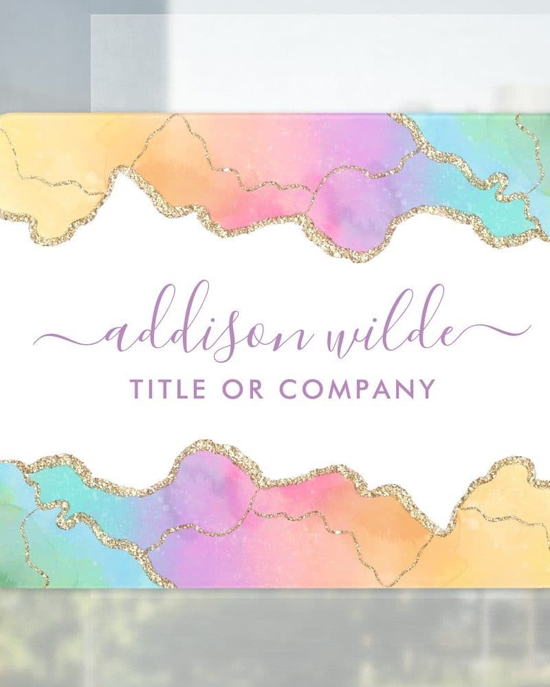 Pastel rainbow agate design with gold glitter accents and Addison Wilde's name and title or company.
