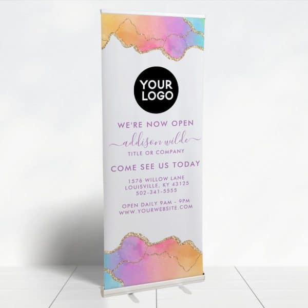 Rainbow And Gold Watercolor Agate Business Opening Retractable Banner