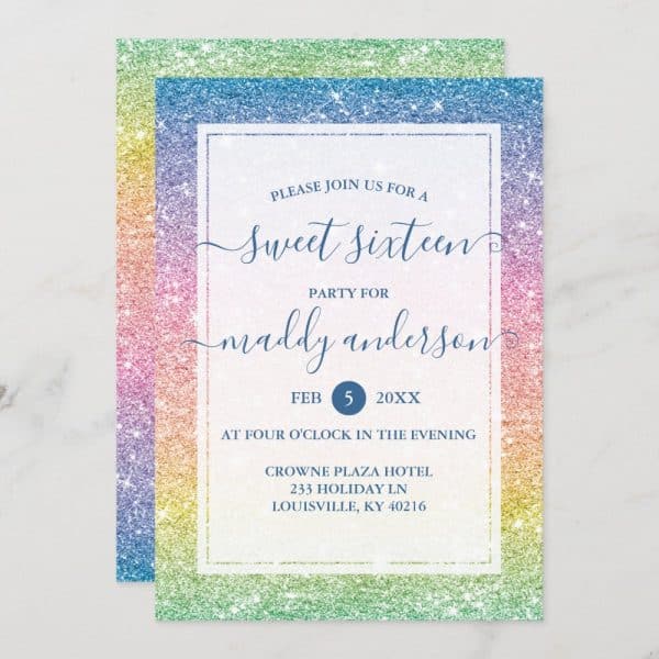 Rainbow Glitter Sweet Sixteen Invitation For Maddy Anderson.