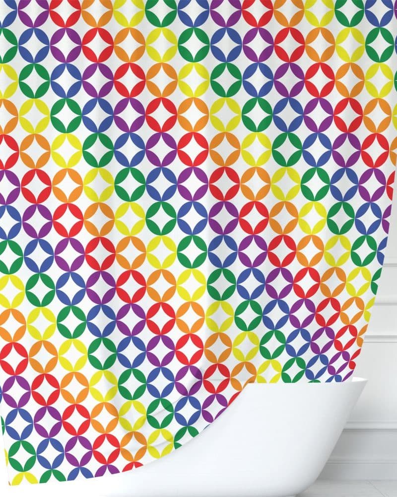 Rainbow colored interlocking circles shower curtain.