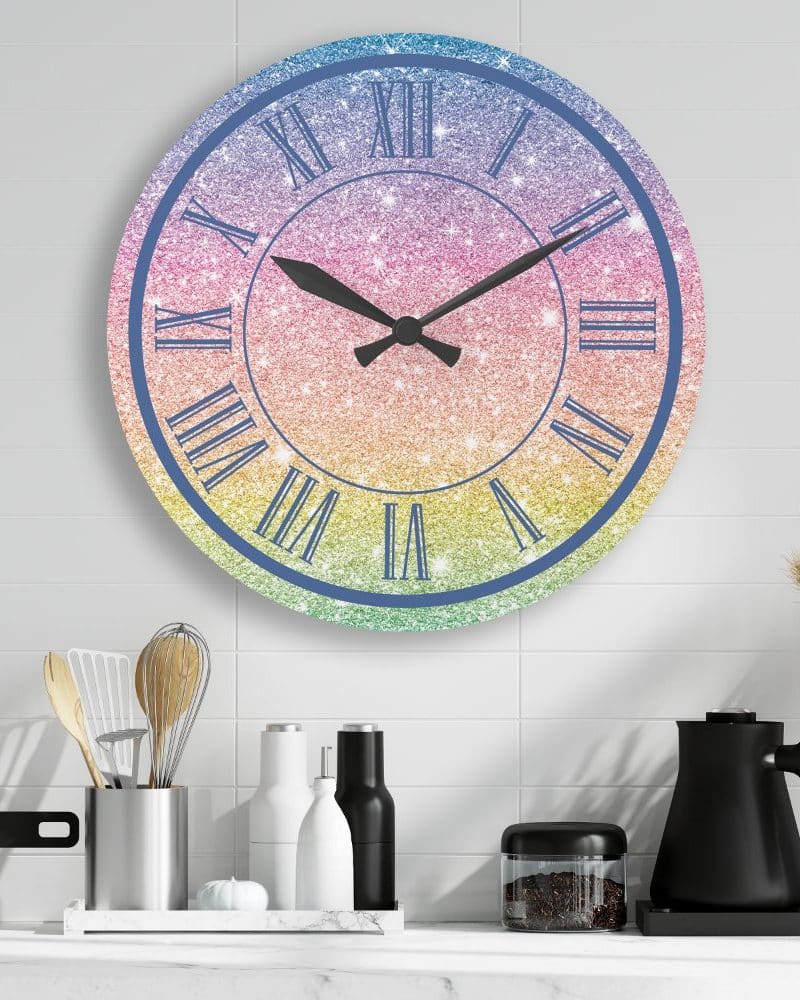 Pastel rainbow glitter wall clock with Roman numerals.