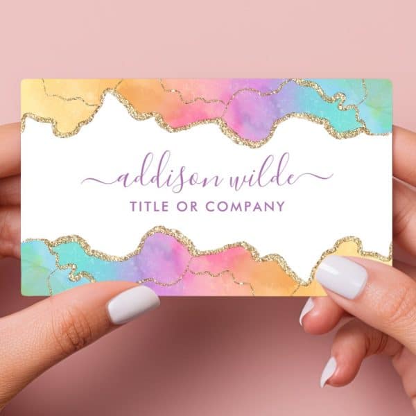 Business Card With Pastel Watercolor And Gold Glitter Design, Featuring The Name Addison Wilde.