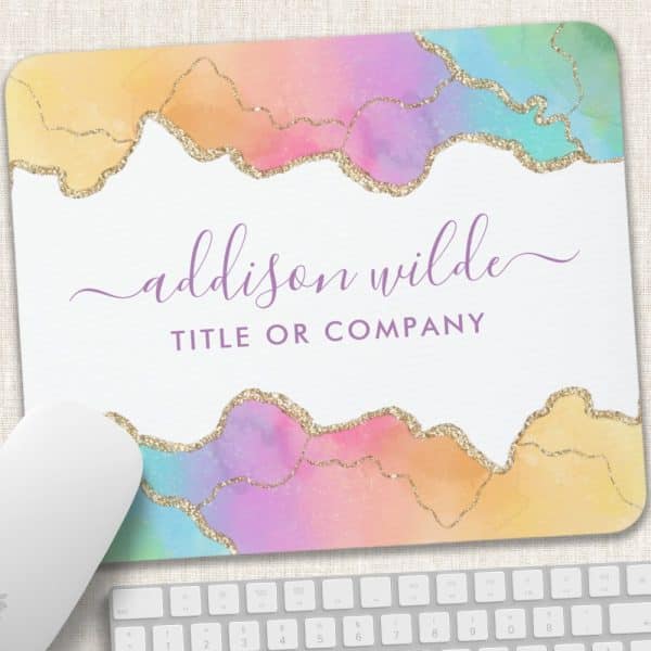 Pastel Rainbow Mousepad With Gold Glitter Accents And The Name Addison Wilde.