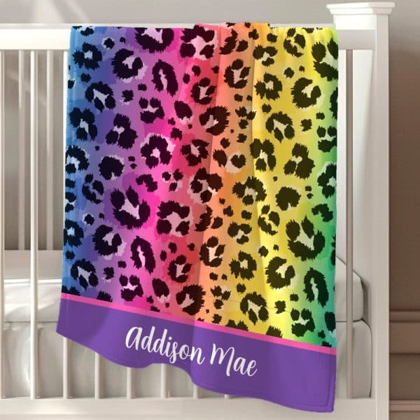 Rainbow Leopard Print Baby Blanket With The Name Addison Mae.