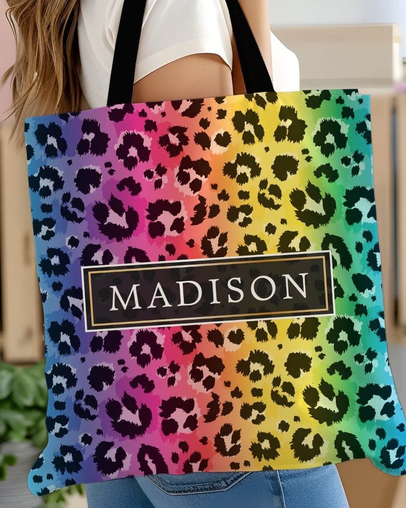 Rainbow leopard print tote bag with the name Madison.