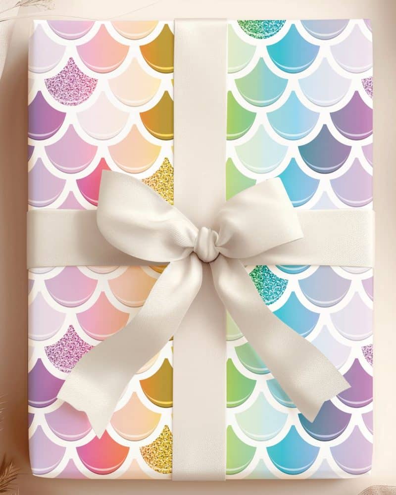 Gift wrapped with pastel mermaid scale patterned paper and a cream-colored bow.