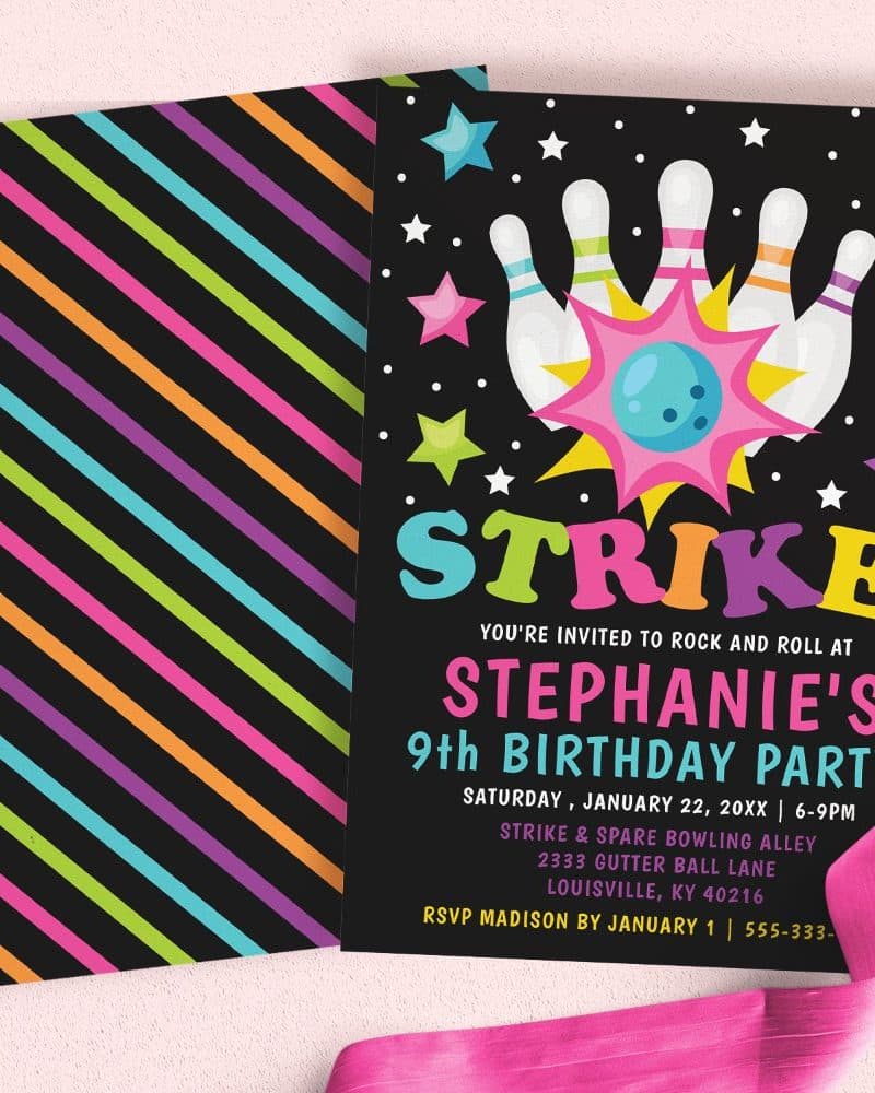 Bowling-themed birthday invitation for Stephanie's ninth birthday party.
