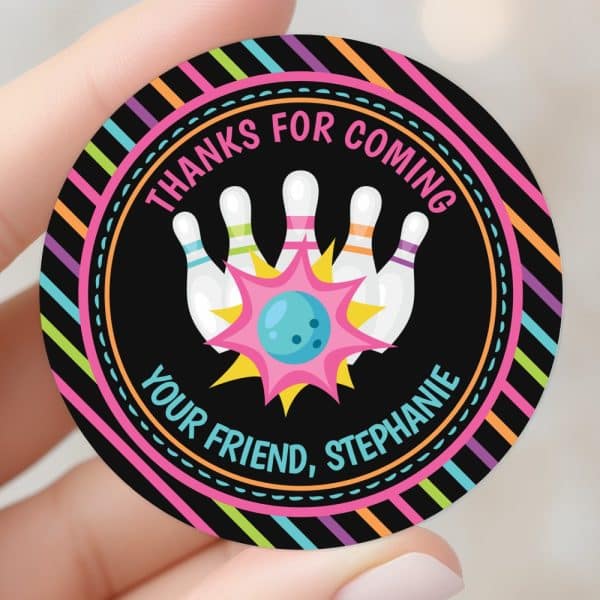 Round Thank You Sticker With Bowling Pins And Ball Graphic. Text Says Thanks For Coming, Your Friend, Stephanie.