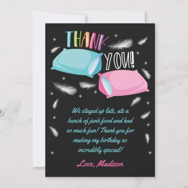 Birthday Thank You Card With Flying Pillows.