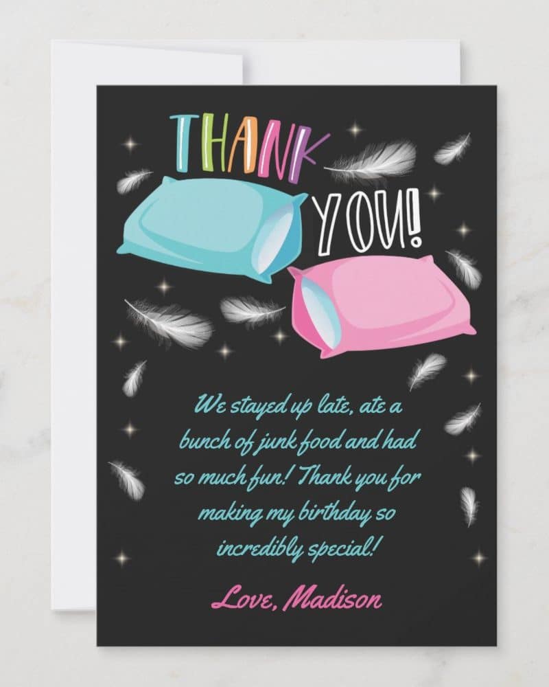 Birthday thank you card with flying pillows.