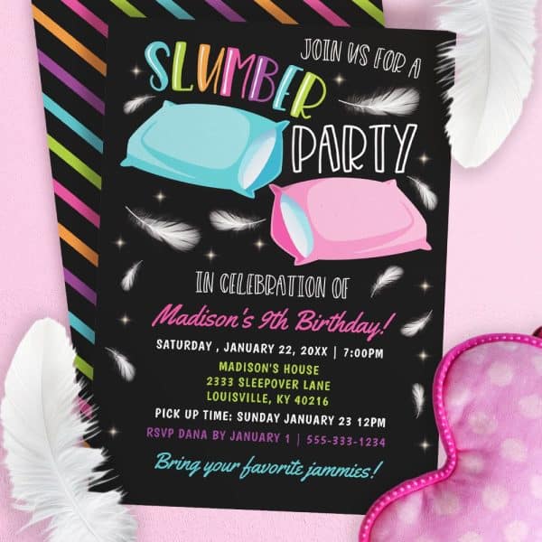 Birthday Slumber Party Invitation With Pillows And Feathers.