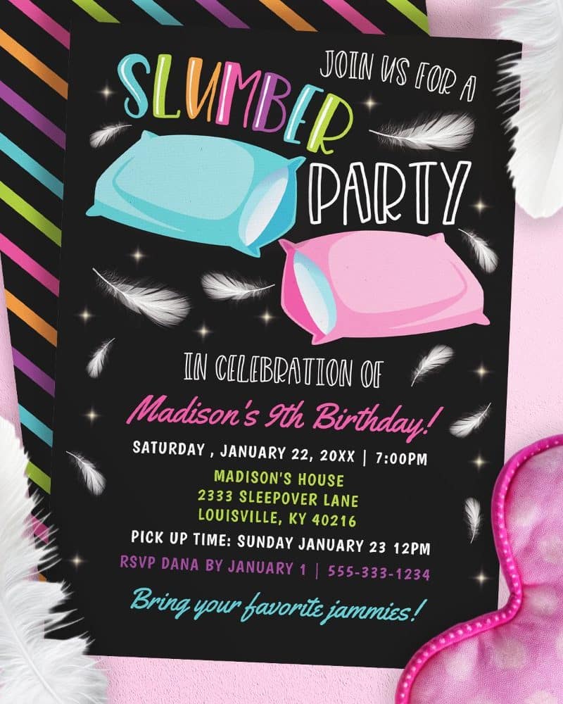 Birthday slumber party invitation with pillows and feathers.