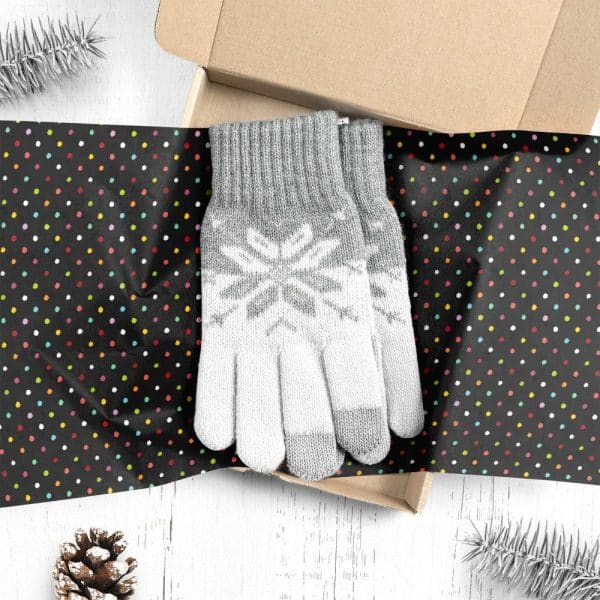 Pair Of Grey And White Knit Gloves With Snowflake Pattern In A Gift Box.